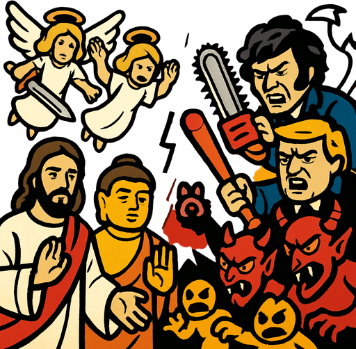 cristo, buddha y angeles vs milei con motosierra, trump con bate de basebol, devil, demons y yellow demons.
In-Game asset.  2d.  High contrast.  No shadows
