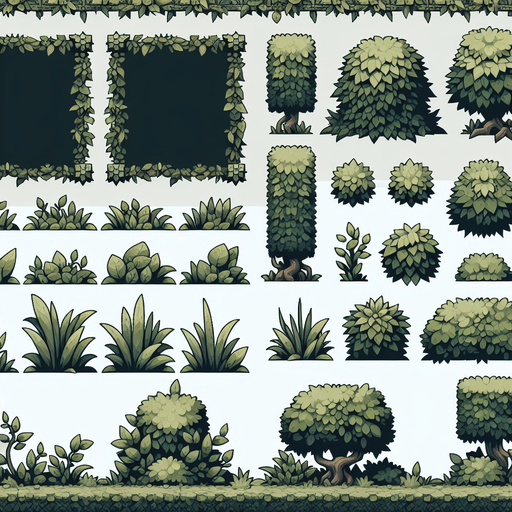 A spritesheet in sideperspective showing various low dull green hedges and bushy foliage for a platformer game. semi detailed game illustration style. medieval. muted colors..
Single Game Texture. In-Game asset. 2d. Blank background. High contrast. No shadows.