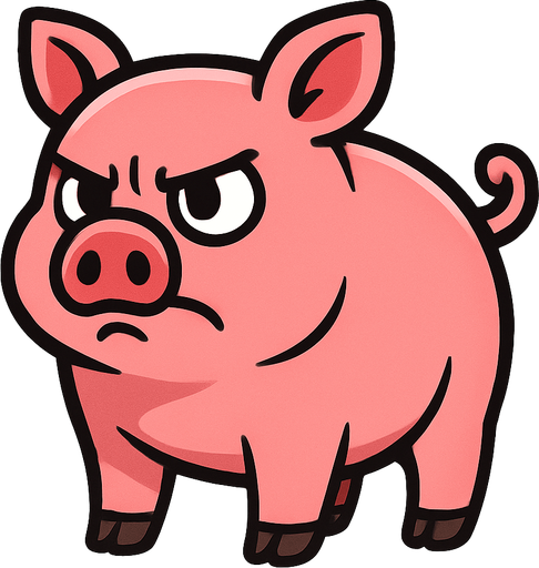 un puerco de cuerpo completo sin fondo y que se vea tierno pero con expersion de la cara enojado
In-Game asset.  2d.  High contrast.  No shadows