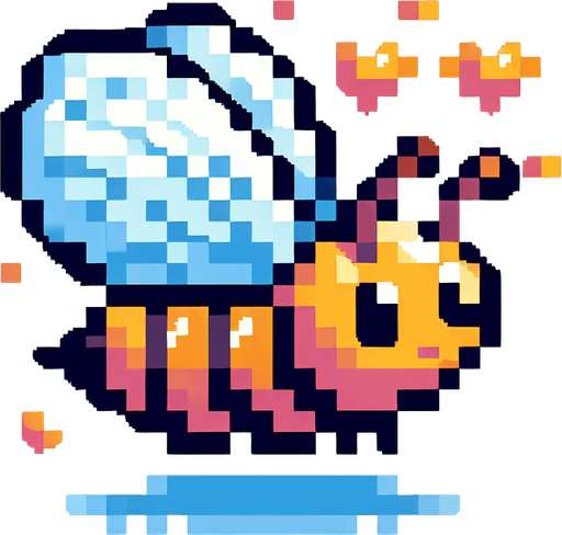 genera una abeja con alas de mariposa en pixel art solo de perfil mirando a la izquierda.
Single Game Texture.  In-Game asset.  2d.  Blank background.  High contrast.  No shadows