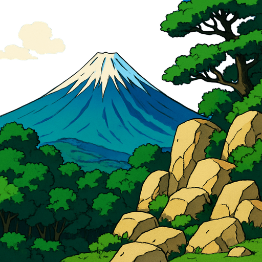 2d anime image pemandangan gunung fuji jepang zaman kuno di kejauhan. wilayah hutan dan bukit bebatuan dari dekat. langit biru cerah.
In-Game asset.  2d.  High contrast.  No shadows