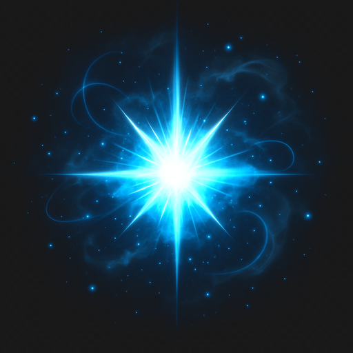 A magical sci-fi starburst explosion for a 2D game effect, with a bright blue and white energy core bursting outward in radiant spikes, surrounded by glowing particles, swirling light trails, and a soft nebula-like aura. The effect should feel like a powerful portal discharge or dimensional rift opening, with dynamic energy and cinematic glow. Transparent background, digital art style, top-down angle, ideal for sprite use in games..
In-Game asset.  2d.  High contrast.  No shadows