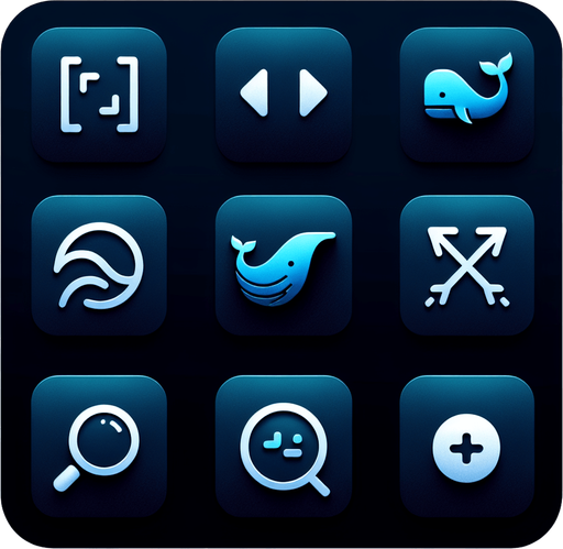 Collection of high definition modern rounded squares buttons.
simple icons : resize , fullscreen (arrows), magnifier with +,...,
Simple backgrounds. 
Few dark "blue whale" gradient colours.
no text