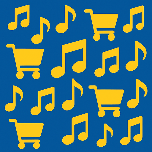 Mavi arka plan üzerinde sarı müzik notası simgeleri ve market arabası simgeleri olsun.
In-Game asset.  2d.  High contrast.  No shadows