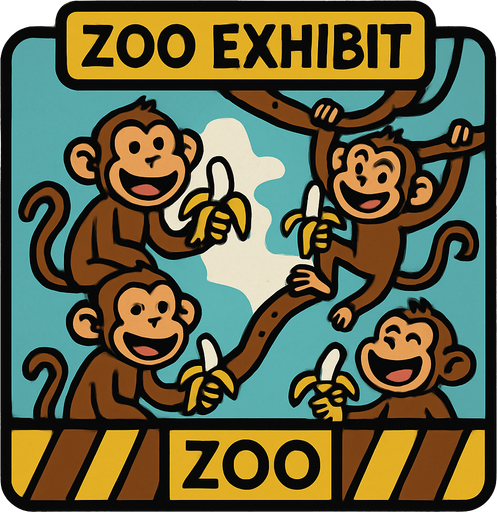 A zoo exhibit of silly monkeys eating bananas on the bag.
In-Game asset.  2d.  High contrast.  No shadows