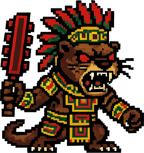 Genérame una Nutria Neotropical guerrero azteca con eso patrones, estilo pixelar, con una apariencia maligna, ojos rojos, rabioso. Unidad cuerpo a cuerpo. Animal.
In-Game asset.  2d.  High contrast.  No shadows