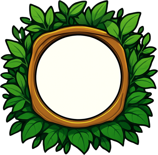 çember şeklinde bir görseli  çerçeve içine alan çevresi yeşillik çerçeve.
In-Game asset.  2d.  High contrast.  No shadows