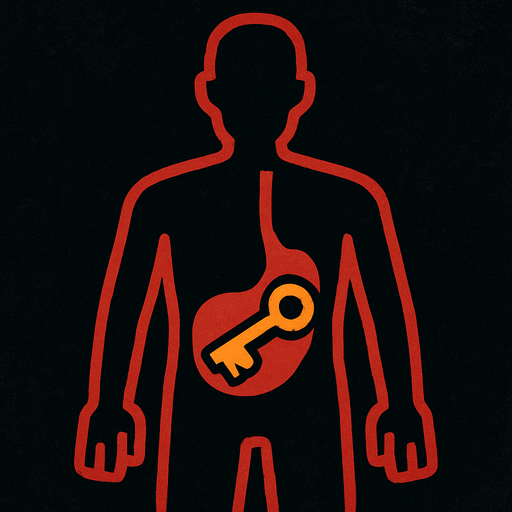 a drawing pic showing key is inside stomach of the body.red lines of the body!
In-Game asset.  2d.  High contrast.  No shadows
