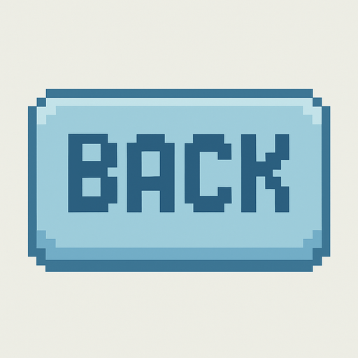 A flat pixel art button for a 2D retro-style game UI. The button is rectangular with rounded corners and minimal shading. It features the word "BACK" written in large, centered pixel font. The button color should be a clear pastel blue-grey, leaning more towards light blue than grey. The design is clean and simple, with no extra icons, borders, or decorations—just a cozy retro button..
In-Game asset.  2d.  High contrast.  No shadows. pixel art. retro. 2d game ui. flat design. pastel colors. soft light blue. clean. simple. rounded corners. large pixel font. minimal