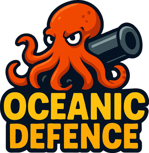 crea un titulo que diga oceanic defence con un pulplo detras de las letras que esta sentado en un cañon negro.
In-Game asset.  2d.  High contrast.  No shadows