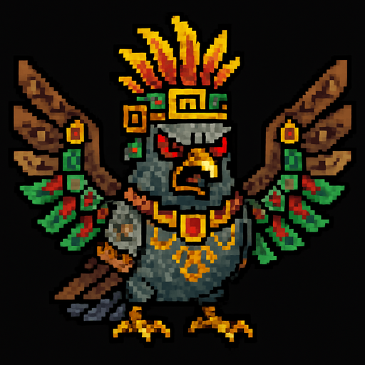 Genérame una paloma guerrero azteca con eso patrones, estilo pixelar, con una apariencia maligna, ojos rojos, rabioso. Unidad aerea con alas. Animal.
In-Game asset.  2d.  High contrast.  No shadows