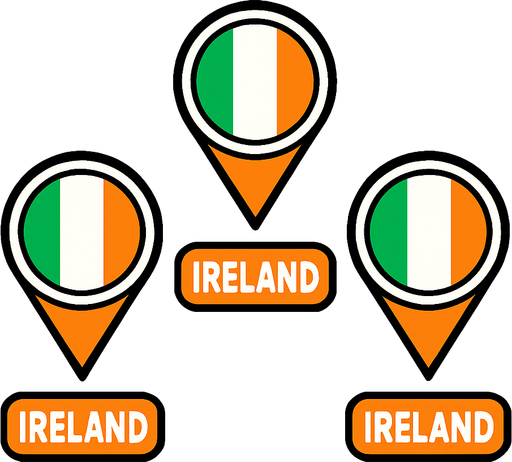 A flat, 2D game UI-style asset showing a vertical set of three country pins labeled: "ireland". Each pin includes a circular flag icon above the text label. The layout is columnar, cartoonish, and visually clean. Each pin should be exportable or usable individually for a mobile game's level selection screen..
In-Game asset.  2d.  High contrast.  No shadows