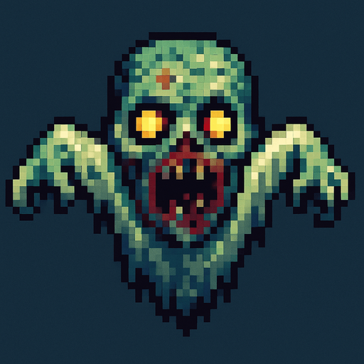 Um fantasma zumbi voador, arte pixel, vista aerea frontal.
In-Game asset.  2d.  High contrast.  No shadows