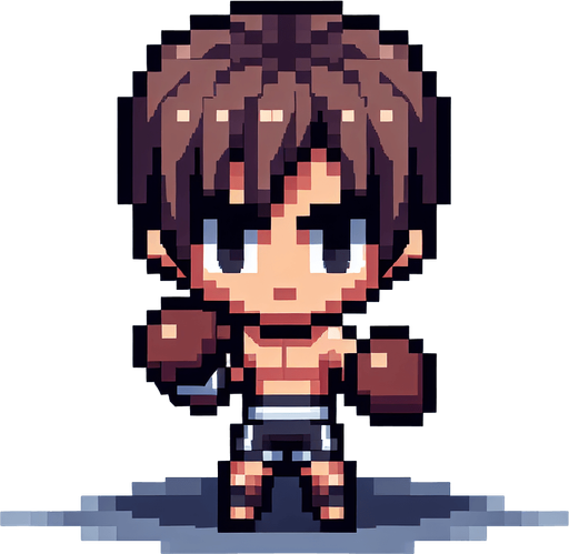 Fighter with 2 fight gloves, full body, mini fighter, big head, chibi.
Single Game Texture. In-Game asset. 2d. Blank background. High contrast. No shadows, detailed pixel art style