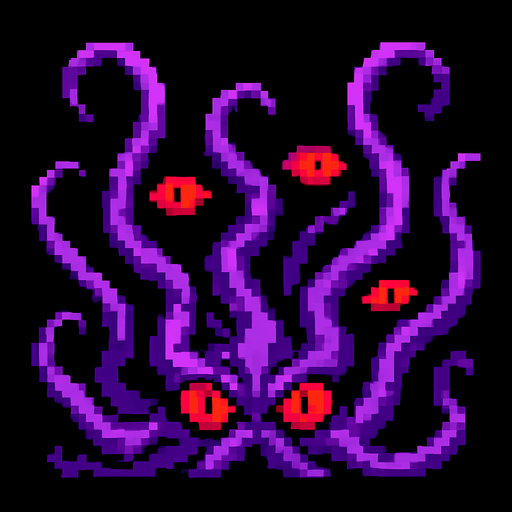 Purple tentacles pixel art and red eyes 2d.
In-Game asset.  2d.  High contrast.  No shadows