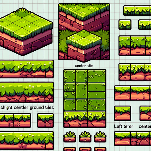 Create a 2D spritesheet featuring a side-view platform in a chibi-inspired style, perfect for a minimal, playful game. The spritesheet includes modular tiles for building platforms of various sizes, with a cohesive, cute aesthetic:

Grass Top Tiles: Vibrant green, flat grassy tops with smooth, rounded edges. Includes variations such as:

Left corner tile with a rounded edge.
Center tile with seamless edges to connect multiple pieces.
Right corner tile with a rounded edge.
Ground Tiles: Warm brown earthy layers with clean, exaggerated horizontal lines and minimal details like tiny embedded stones or subtle root patterns. Variations include:

Straight center ground tiles.
Left and right corner ground tiles.
The tiles are designed to be modular, allowing seamless connections when placed together. Bold, colorful, and minimal, the spritesheet ensures an adorable chibi-style look that matches the playful tone of games like Angry Birds..
Single Game Texture. In-Game asset. 2d. Blank background. High contrast. No shadows.