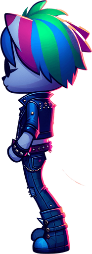 An anthropomorphic blue and green cat animatronic wearing rockstar attire.
Single Game Texture.  In-Game asset.  2d.  Blank background.  High contrast.  No shadows