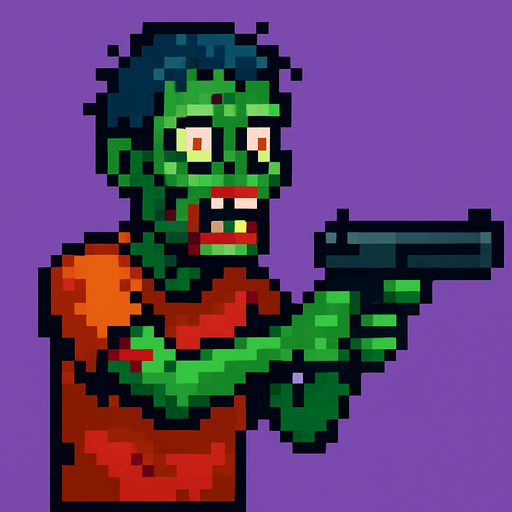 elinde silah tutan bir zombi çiz pixel tarzı ile.
In-Game asset.  2d.  High contrast.  No shadows