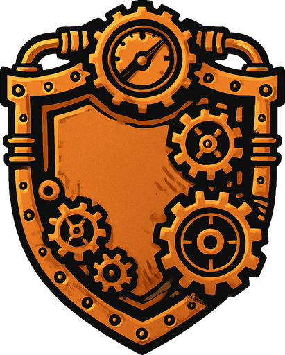 has un escudo en estilo steampunk.
In-Game asset.  2d.  High contrast.  No shadows