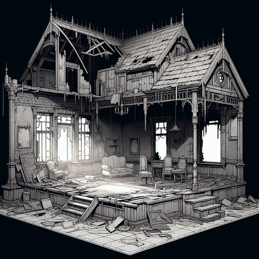 Spooky abandoned house interior
Single Game Texture. In-Game asset. 2d. Blank background. High contrast. No shadows.