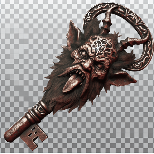 eerie creepy old rusty key with krampus face embossed on it png.
Single Game Texture. In-Game asset. 2d. Blank background. High contrast. No shadows.