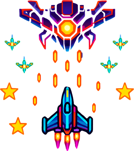 The image showcases a space-themed scene, reminiscent of a classic arcade shooter game. At the center, a sleek, futuristic spaceship is flying towards a large, menacing enemy craft positioned at the top of the image. The enemy ship has a glowing orange core and is surrounded by sharp, angular details.

In the background, a cosmic space environment with a blend of dark purples and blues sets the tone. Several smaller enemy ships, colored green, are positioned in a formation, actively shooting orange projectiles toward the player’s ship. There are also star-shaped icons scattered across the scene, possibly representing power-ups or achievements. The overall aesthetic combines sharp, vibrant neon colors with a retro-futuristic design, giving it a sense of high-energy action..
In-Game asset.  2d.  High contrast.  No shadows. Space Shooter  Arcade Game  Futuristic Spaceships  Retro Gaming  Space Battle  Sci-Fi Art  Video Game Art  Pixel Art Style