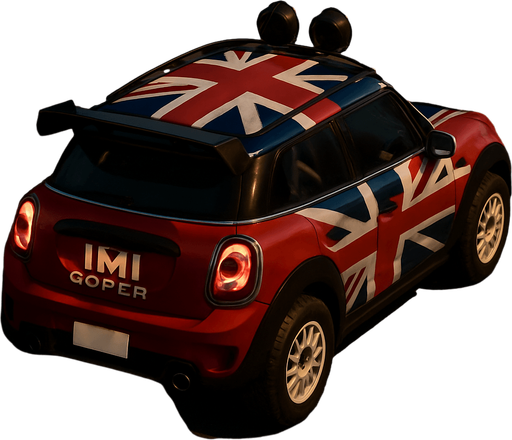 Photorealistic red MINI COOPER Rallycar with something like British flag livery in nightlight, drone topview from back and 45 degrees angle in top right corner. Replace MINI to IMI and Cooper too Qoper.