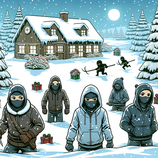 A beautiful winter snowy christmas landscape with ninja thieves kids lurking. Christmas gifts are hidden in the snow.
Single Game Texture. In-Game asset. 2d. Blank background. High contrast. No shadows.