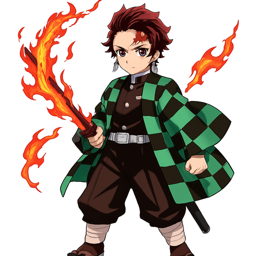 “Ilustración estilo anime de Tanjiro Kamado de cuerpo completo.
Tanjiro está de pie en una pose heroica, sosteniendo una katana con llamas intensas de fuego rojo y naranja rodeando la hoja.
Viste su uniforme de cazador de demonios con el característico haori verde y negro a cuadros.
Su expresión es decidida y valiente, con su cicatriz visible en la frente y aretes tradicionales.
Estilo anime japonés, alta calidad, ultra detallado, iluminación épica, colores vibrantes. No background. Transparent background. Blank background. No shadows. 2d. In-Game asset. flat