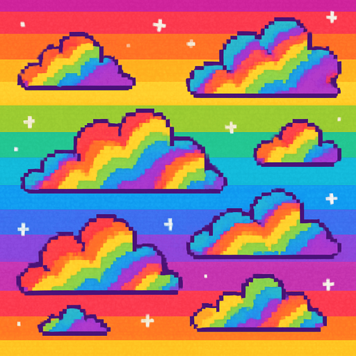 Rainbow sky background, colorful clouds with rainbow stripes, magical atmosphere, vibrant colors, 2D pixel art.
In-Game asset.  2d.  High contrast.  No shadows