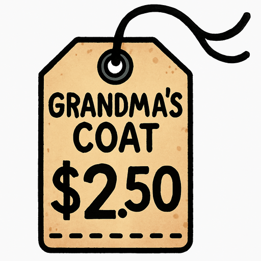 price tag that says grandma's coat $2.50.
In-Game asset. Transparent . 2d.  High contrast.  No shadows