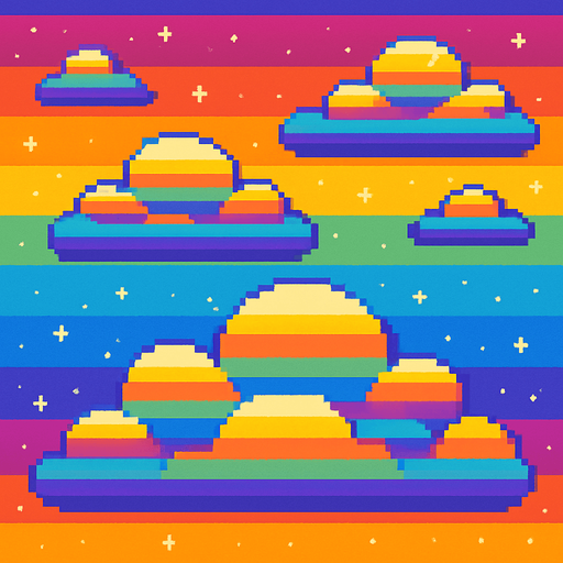 Rainbow sky background, colorful clouds with rainbow stripes, magical atmosphere, vibrant colors, 2D pixel art.
In-Game asset.  2d.  High contrast.  No shadows
