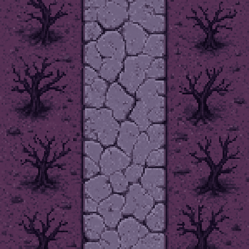 Overhead view of a section of road for an endless vertical shooter. Battle scarred and pitted. High res. degraded biome, dried dead trees and a gray stone pathway
Single Game Texture. In-game asset. 2d. Blank background. High contrast. No shadows. pixel art. purple biom
In-Game asset.  2d.  High contrast.  No shadows, high texture