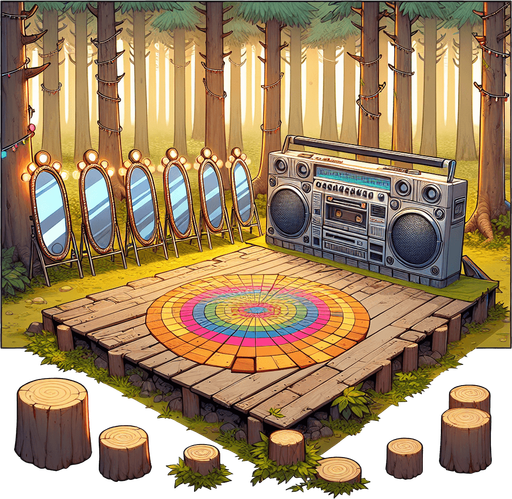 A forest with boombox, dance floor and mirror Single Game Texture. In-Game asset. 2d. Blank background. High contrast. No shadows.