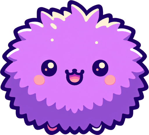 a purple furry cuddly ball of fur. little feet. No ears. cute happy face. Cartoon style. Cute art style. Simple vector style. Pastel colors, flat shaded, vector art. Single Game Texture. In-Game asset. 2d. Blank background. High contrast. No shadows
