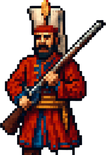 pixel detailed A Janissary of the Ottoman Empire.
In-Game asset.  2d.  High contrast.  No shadows
