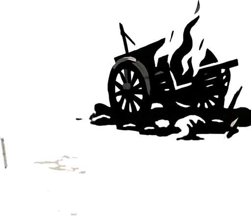 A war-torn battlefield with broken swords and burning wagons, muddy bloodstained ground, corpses under grey skies, banners torn and forgotten, realistic.
In-Game asset.  2d.  High contrast.  No shadows