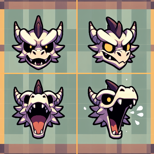 A sprite sheet for a dragons head. Head straight forward with mouth open and one with mouth closed. Cartoon..
Single Game Texture.  In-Game asset.  2d.  Blank background.  High contrast.  No shadows