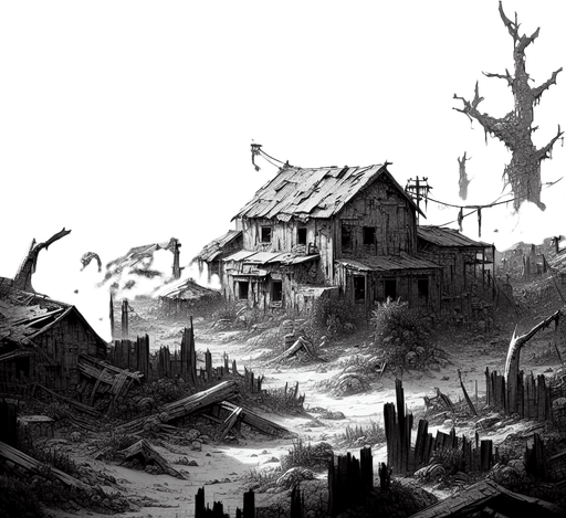zombie epidemic abaounded place.
Single Game Texture. In-Game asset. 2d. Blank background. High contrast. No shadows.