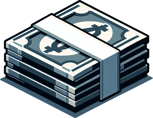 A stack of money.
Single Game Texture. In-Game asset. 2d. Blank background. High contrast. No shadows.