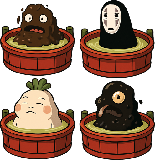 Japanese circle bath have different stink spirits from movie "spirited away". each one per bath. HD colors.
In-Game asset.  2d.  High contrast.  No shadows