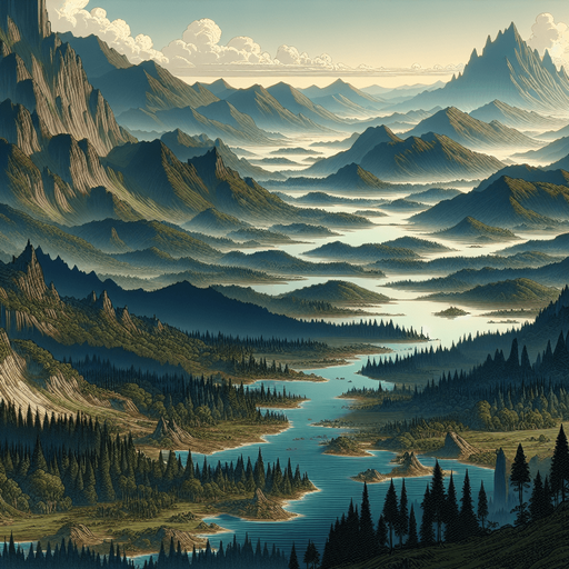 A background illstration for a game, rich in style, medieval fantasy themed, of a landscape seen from a great distance, like froma mountain ridge with mountains and forests and lakes and lots of features..
Single Game Texture. In-Game asset. 2d. Blank background. High contrast. No shadows.