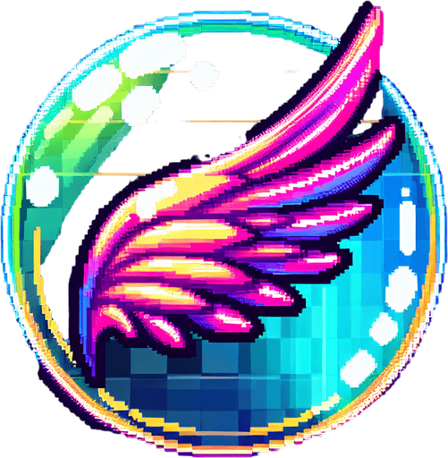 pixel art of a bubble a wing inside in neon color..
Single Game Texture. In-Game asset. 2d. Blank background. High contrast. No shadows.