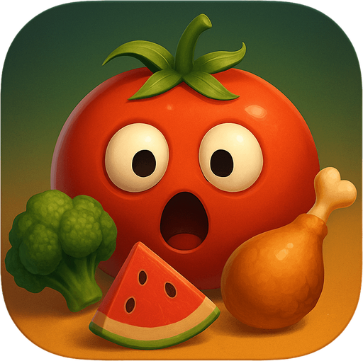 Modern App Store icon, high definition, square with rounded corners, for a game titled "Feed the Tomato: The Hungry Return" and with the description "Help a tomato eat by choosing the right foods. Too many mistakes turn it creepy, leading to a jumpscare and a haunting return.". No text on icon!
