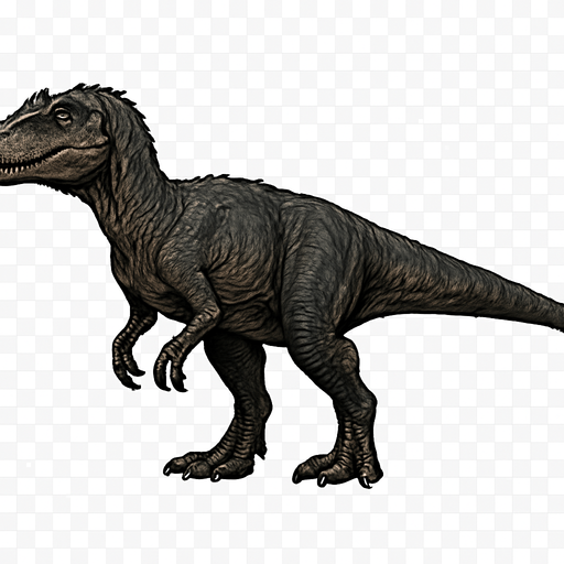 A medium-large Allosaurus dinosaur depicted in a neutral standing pose on a transparent background. Its muscular body is covered with dark gray and earthy brown scaly skin, with subtle scars and wrinkles. The head is narrow and elongated, featuring sharp teeth visible in a slightly open mouth and prominent ridges above the eyes. Its strong legs end with sharp claws, and the long tail extends straight for balance. The skin texture is rough and detailed, giving a lifelike, ancient predator look..
In-Game asset.  2d.  High contrast.  No shadows