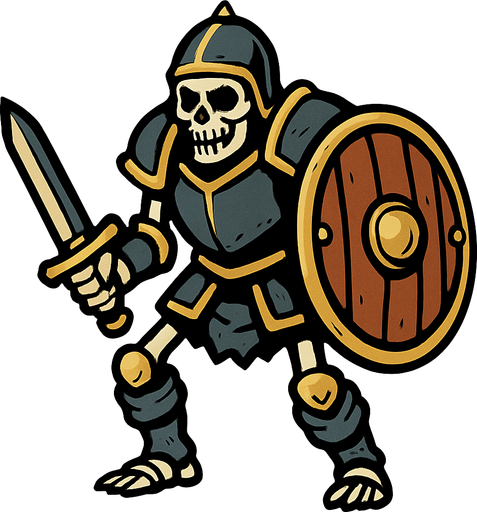 kalkanlı zırhlı iskelet.
In-Game asset.  2d.  High contrast.  No shadows