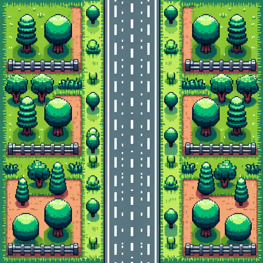 top down seamless vertical scrolling background for an endless driving game , centyral road with 3 lanes sside grass trees, and fences, pixel art style Single Game Texture.  In-Game asset.  2d.  Blank background.  High contrast.  No shadows