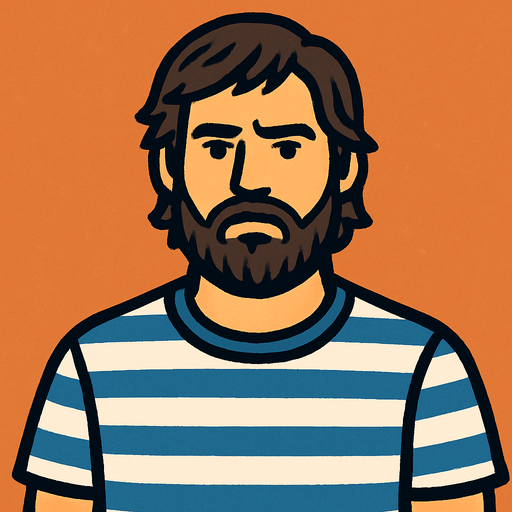 Un tipo con barba y pelo mediano que tenga una camiseta con rayas blancas y celestes.
In-Game asset.  High contrast.  No shadows. 2d