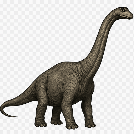 A massive Diplodocus dinosaur shown in a calm standing pose on a transparent background. It has an extremely long neck and tail, with a large bulky body covered in grayish-brown textured scales. The head is small with gentle eyes and a narrow snout. The skin shows wrinkles and rough textures, emphasizing the dinosaur’s massive size and ancient nature. The legs are thick and sturdy, supporting its heavy frame..
In-Game asset.  2d.  High contrast.  No shadows