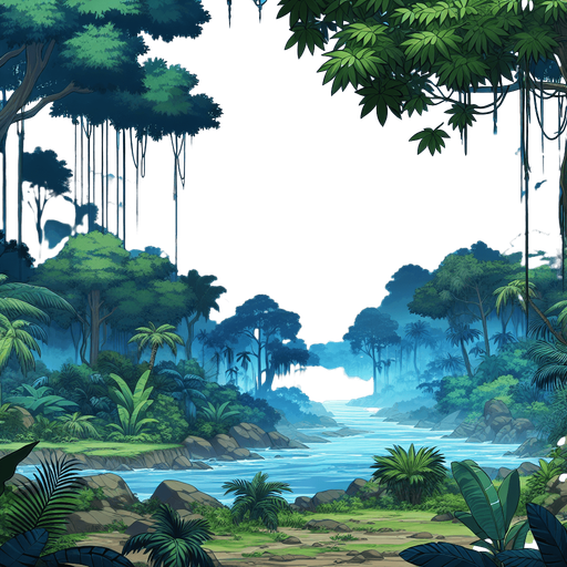 anime landscape deep jungle amazon.
Single Game Texture.  In-Game asset.  2d.  Blank background.  High contrast.  No shadows
